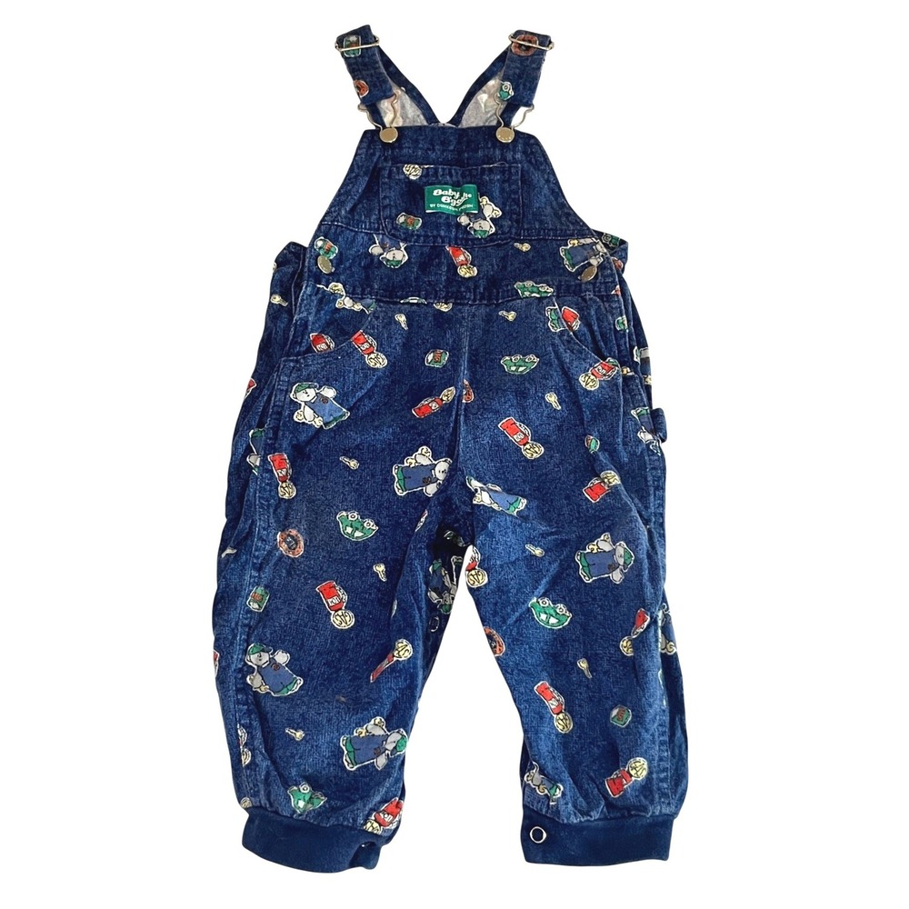Vintage Baby Bgosh OshKosh Blue Worker Bear Print Overalls 18M Vestbak Snaps